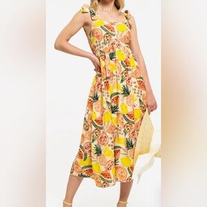 August Sky Fruit Print Tie Strap Midi Sundress